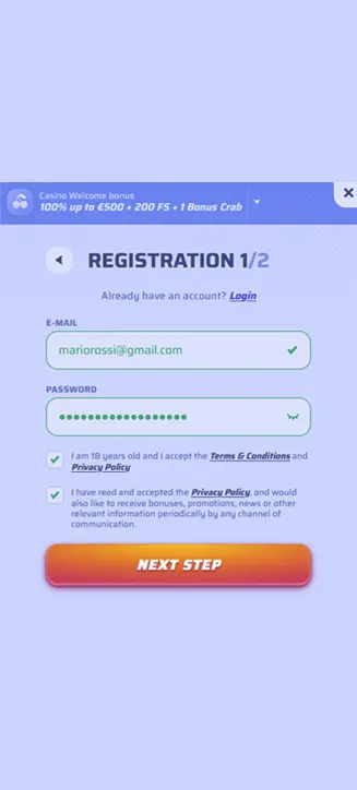 Processus d'inscription Spinrollz sur mobile Processus d'inscription Spinrollz sur mobile